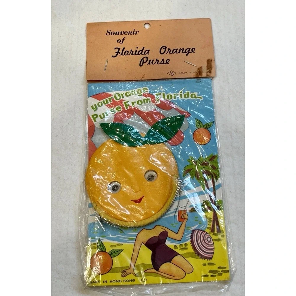 Vintage Florida Orange Coin,Pouch ,Purse Souvenir Googly Eyes Hong Kong